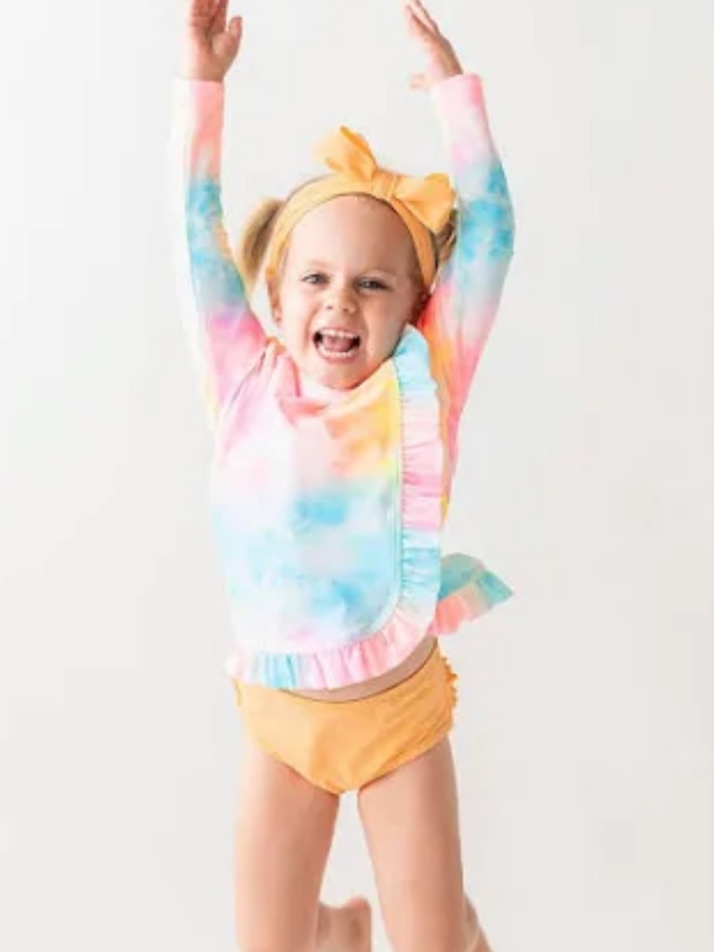 Ruffle Butts Pastel Tie-Dye Ruffle Rash Guard & Peach Bikini Bottoms